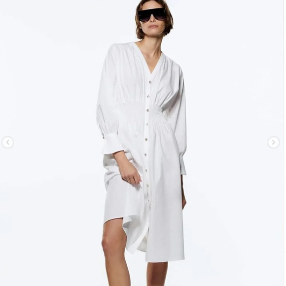 Zara Dresses & Skirts - Zara Poplin Button Down Midi Dress White Size Small